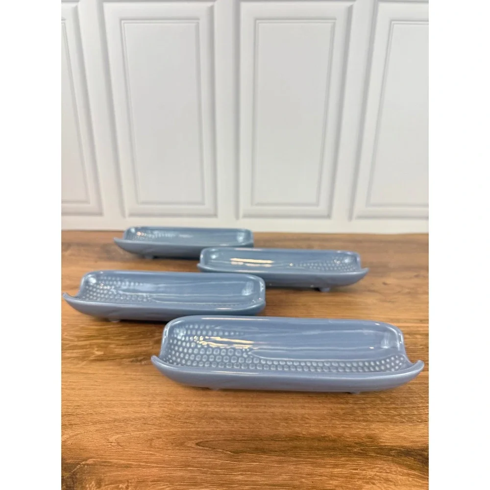 Vintage Set of 4 Pfaltzgraff Ceramic Corn Cob Dish Blue Rio Pedestal‎ Feet EUC